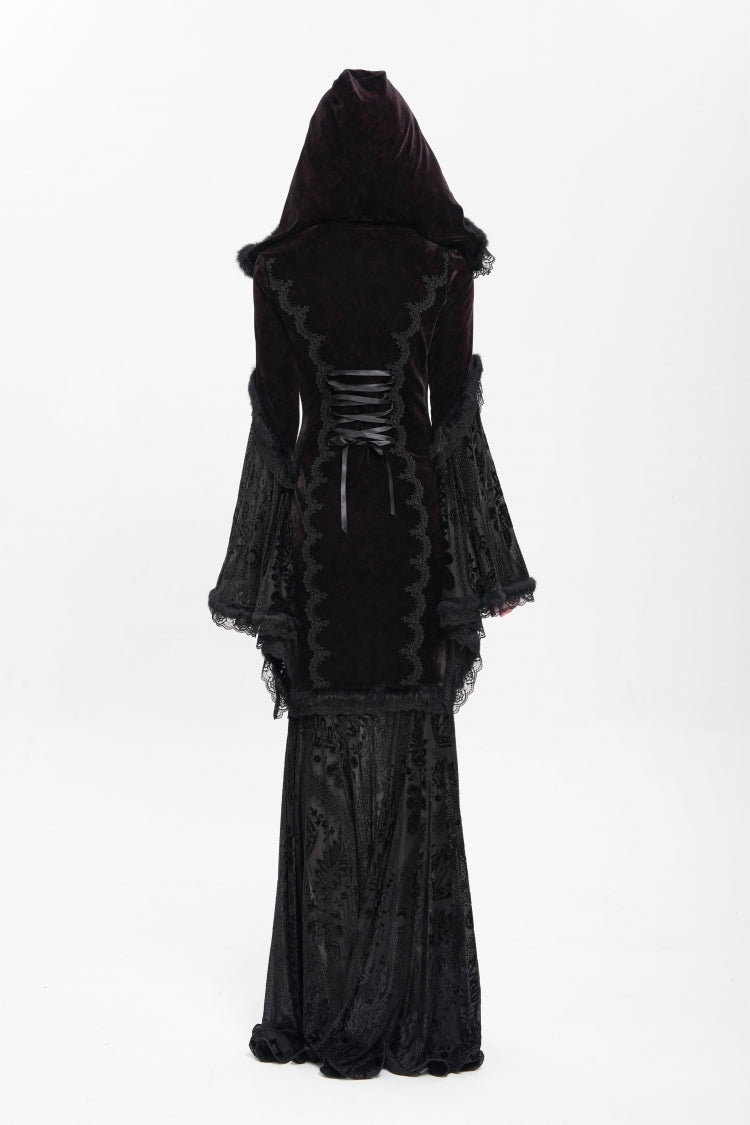 Black/Red Long Trumpet Sleeves Embroidery Stitching Lace Hooded Mesh Women's Gothic Dress - Product - 3