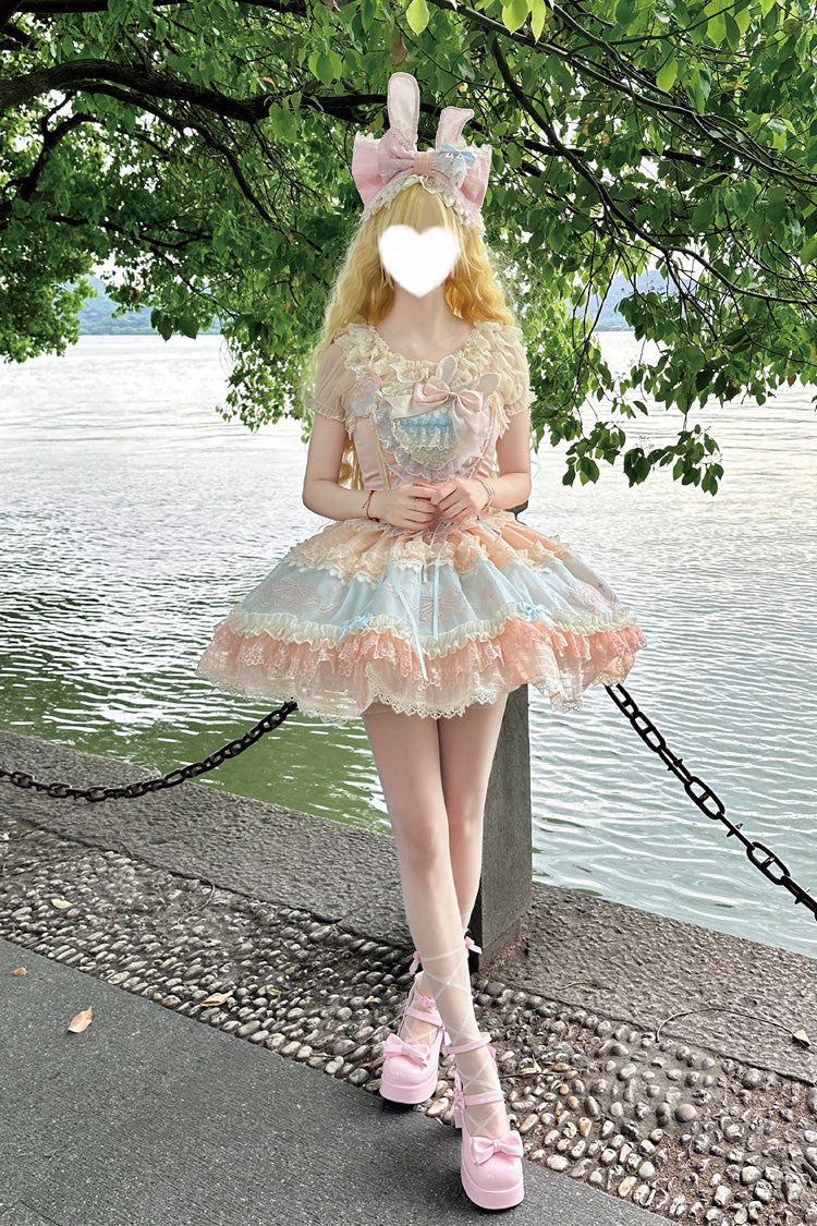 Blue/Pink [Sweetheart Bunny] Square Collar Flutter Sleeves Multi-Layered Jacquard Ruffled Embroidered Bow Lace Sweet Lolita Jsk Dress - Product - 11