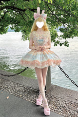 Blue/Pink [Sweetheart Bunny] Square Collar Flutter Sleeves Multi-Layered Jacquard Ruffled Embroidered Bow Lace Sweet Lolita Jsk Dress - Product - 11