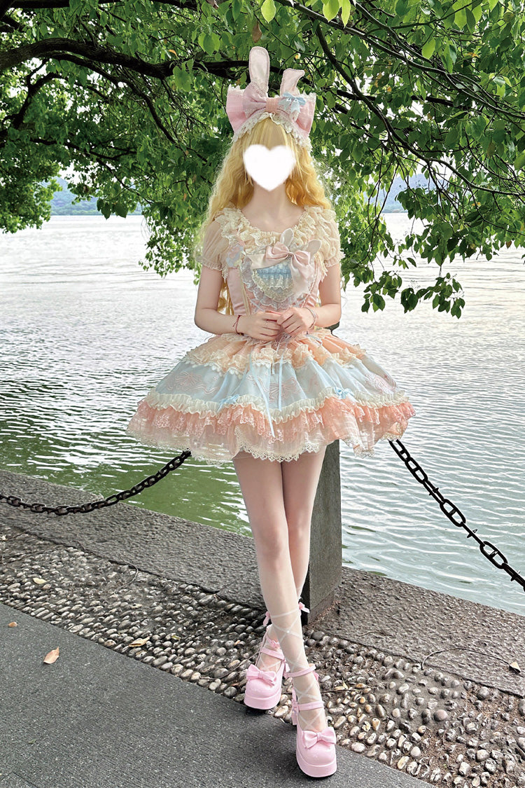 Blue/Pink [Sweetheart Bunny] Square Collar Flutter Sleeves Multi-Layered Jacquard Ruffled Embroidered Bow Lace Sweet Lolita Jsk Dress - Product - 11