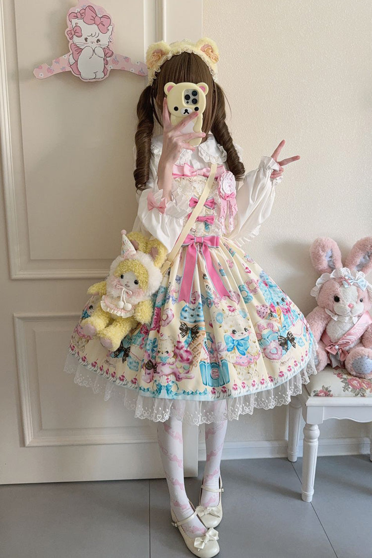 Yellow [Floral Whisper] Bear Print Ruffle Bowknot Lace Sweet Princess Lolita Jsk Dress - Product - 4