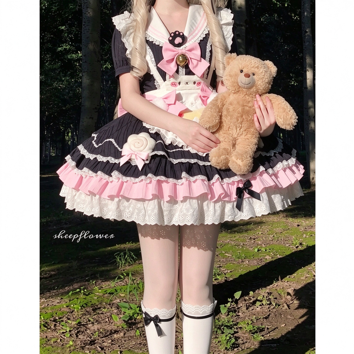 Black and Pink Striped Ruffled Maid Lolita Dress with Apron Accent - view 4