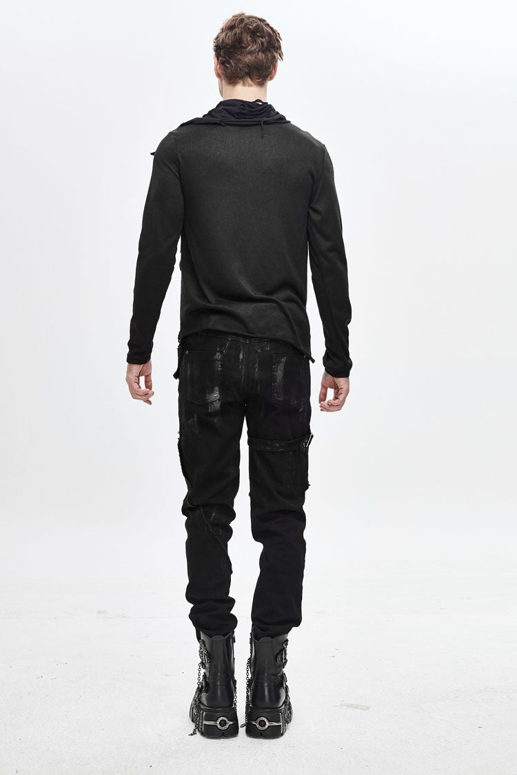 Black Ragged Turn-Down Collar Woolen Long Sleeve Irregular Hem Men's Punk T-Shirt - Product - 5