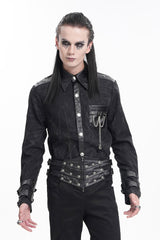 Black Lapel Collar Long Sleeves Buckle Chain Men's Gothic Blouse - Product - 7