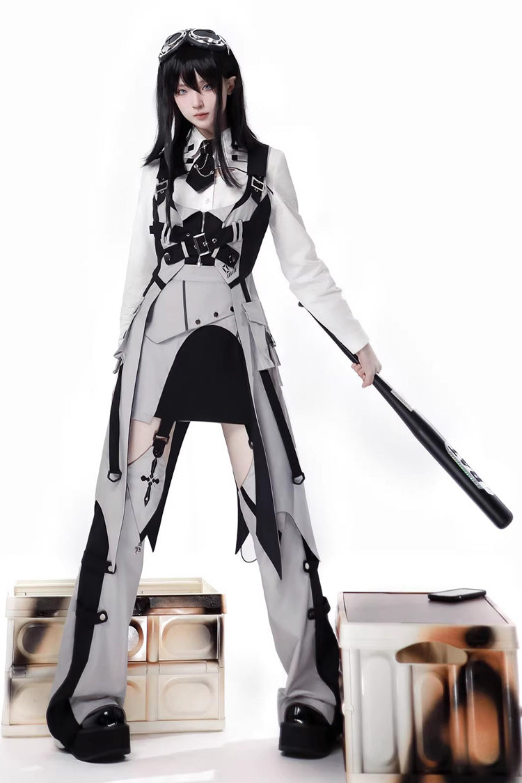 Black/White Long Sleeves Color Matching Handsome Sci-fi Lolita Skirt Set - Black/White(Set) - 1
