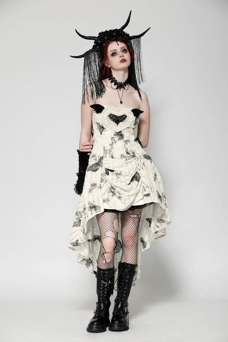 Black/White Butterfly Embroidered Lace-Up Women's Gothic High/Low Honeymoon Dress - Product - 9