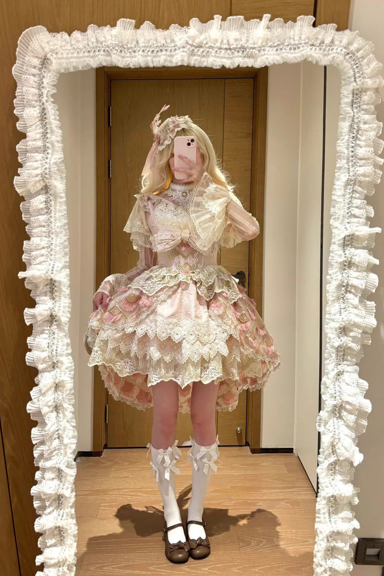 Pink [Peacock Feather] Multi-Layered Ruffle Hanayome Cardigan Bowknot Lace Sweet Lolita Jsk Dress Set - Product - 11