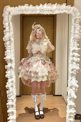 Pink [Peacock Feather] Multi-Layered Ruffle Hanayome Cardigan Bowknot Lace Sweet Lolita Jsk Dress Set - Product - 11