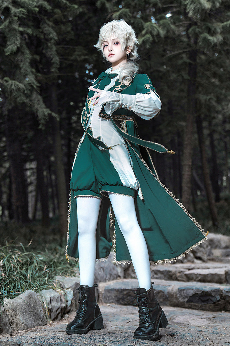 Green [Theocratic Messenger] Embroidery Classic Military Gorgeous Handsome Ouji Lolita Coat Blouse Shorts Set - Product - 9