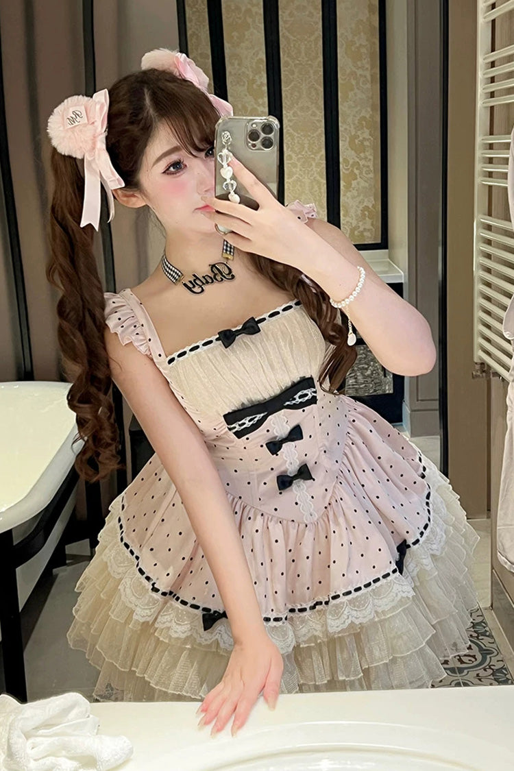 Pink [Polka Dot Waltz] Square Collar Flutter Sleeves Triple-Layered Printed Ruffled Bow Sweet Lolita Jsk Dress - Product - 9