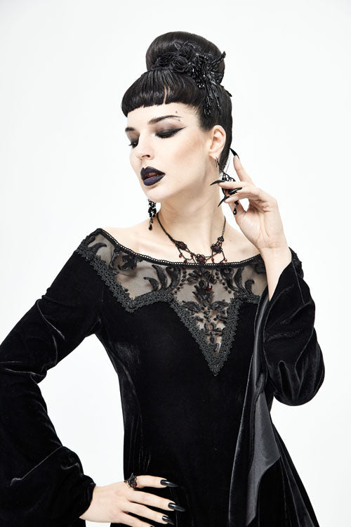 Black Off The Shoulder Hollow Out Irregular Long Sleeves Gothic Dress - Product - 7