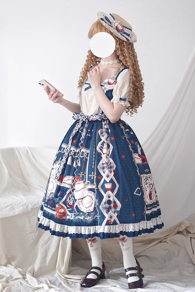 Dark Blue [Tea Party] Short Sleeves Print Ruffle Bowknot Lace Sweet Elegant Lolita Dress - Product - 8