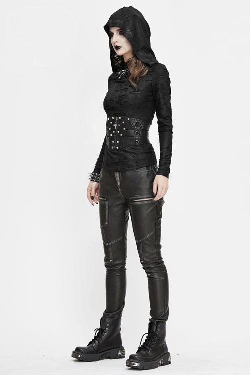 Black Punk Biker Block Shaped Patchwork Hand Rubbed Leather Womens Pants - Product - 8