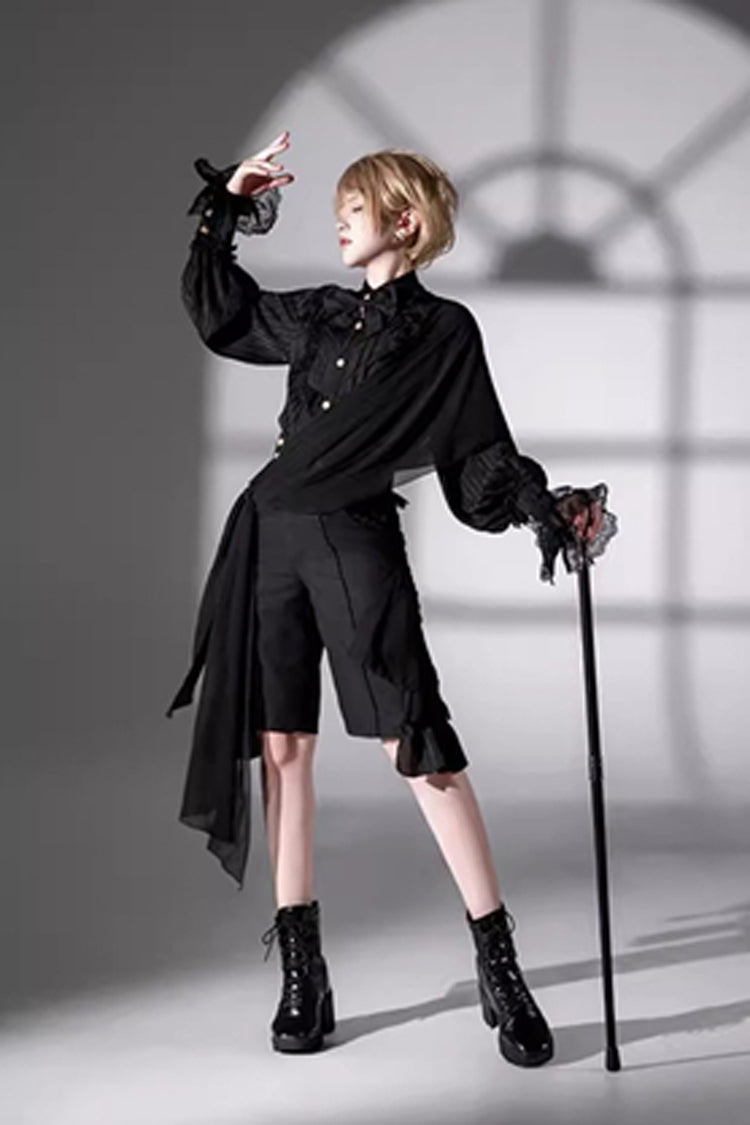 Black [Eternal City] Long Sleeves Lace Gothic Prince Medieval Ouji Lolita Blouse Knee-Length Shorts Set - Product - 5