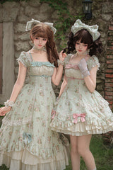 Green [An Encounter with Austin] Square Collar Short Sleeves Multi-Layered Rose Printed Ruffled Bow Lace Sweet Lolita Dress 2 Versions - Product - 7