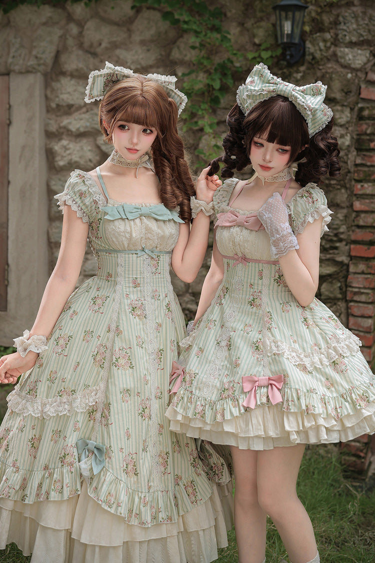 Green [An Encounter with Austin] Square Collar Short Sleeves Multi-Layered Rose Printed Ruffled Bow Lace Sweet Lolita Dress 2 Versions - Product - 7