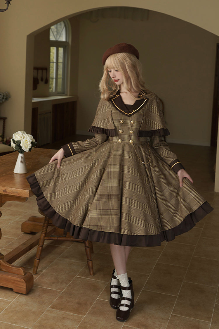 Brown [Baker Street Stories] Stripe Print Ruffle Fake Two Pieces British College Style Classic Lolita Dress - Product - 2