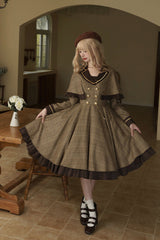 Brown [Baker Street Stories] Stripe Print Ruffle Fake Two Pieces British College Style Classic Lolita Dress - Product - 2