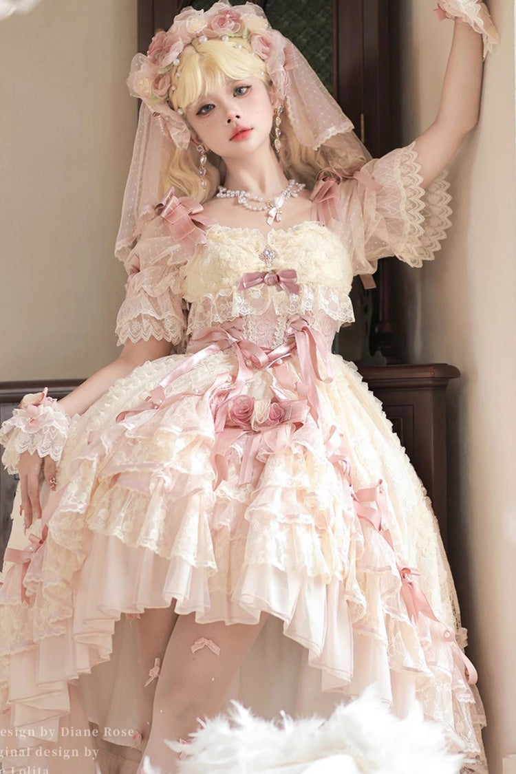 Pink [Diane Rose] Short Sleeves Multi-Layered Jacquard Ruffle Hanayome Cardigan Bowknot Lace Sweet Lolita Dress - Product - 2
