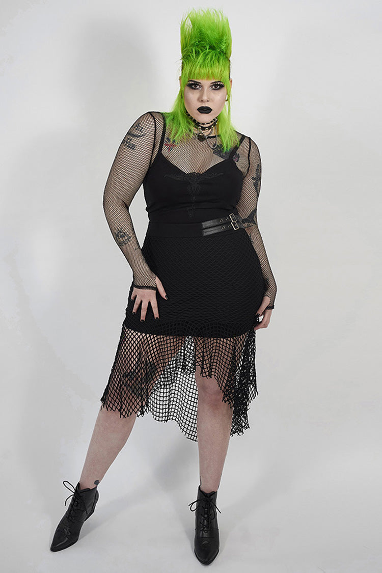 Black Side Leather Clasp Splice Rough Mesh Irregular Hem Plus Size Knit Women's Punk Fishtail Skirt - Product - 3