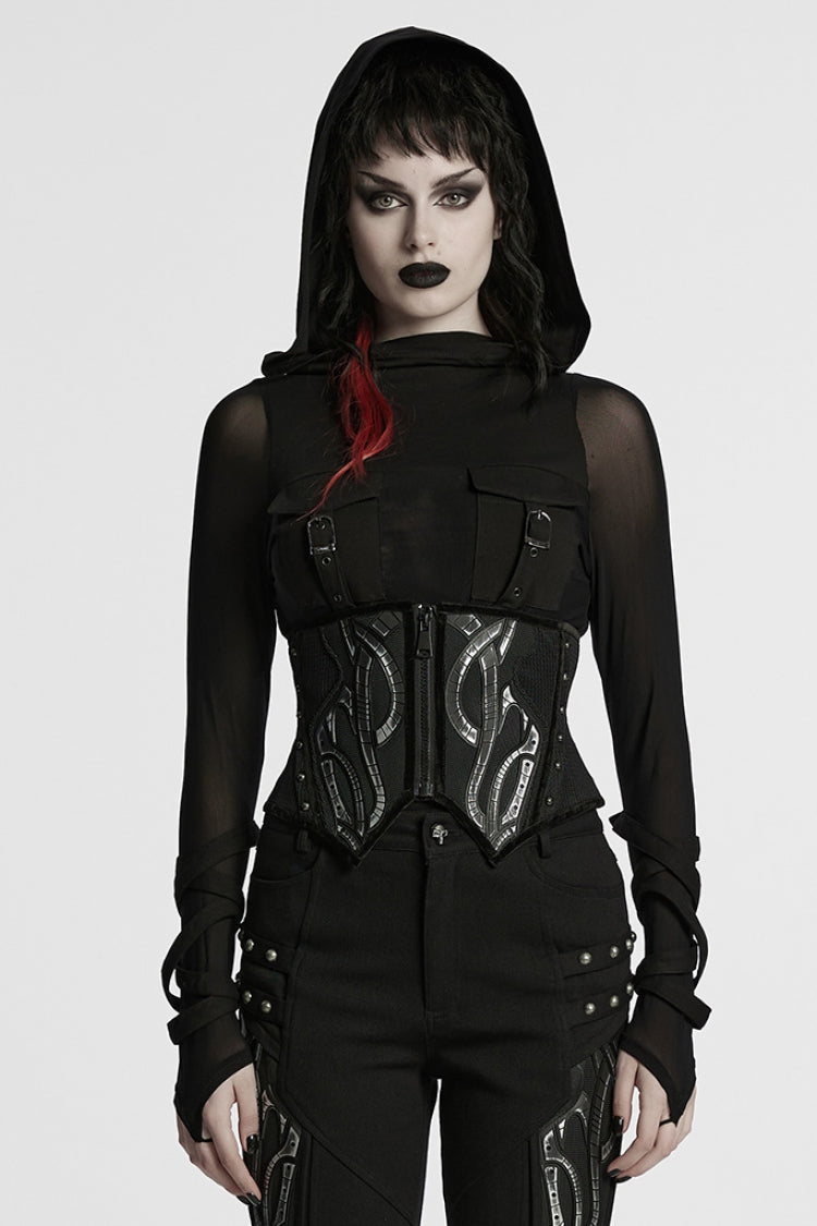 Black Irregular Mesh Zipper Women's Punk Underbust Corset - Black - 1
