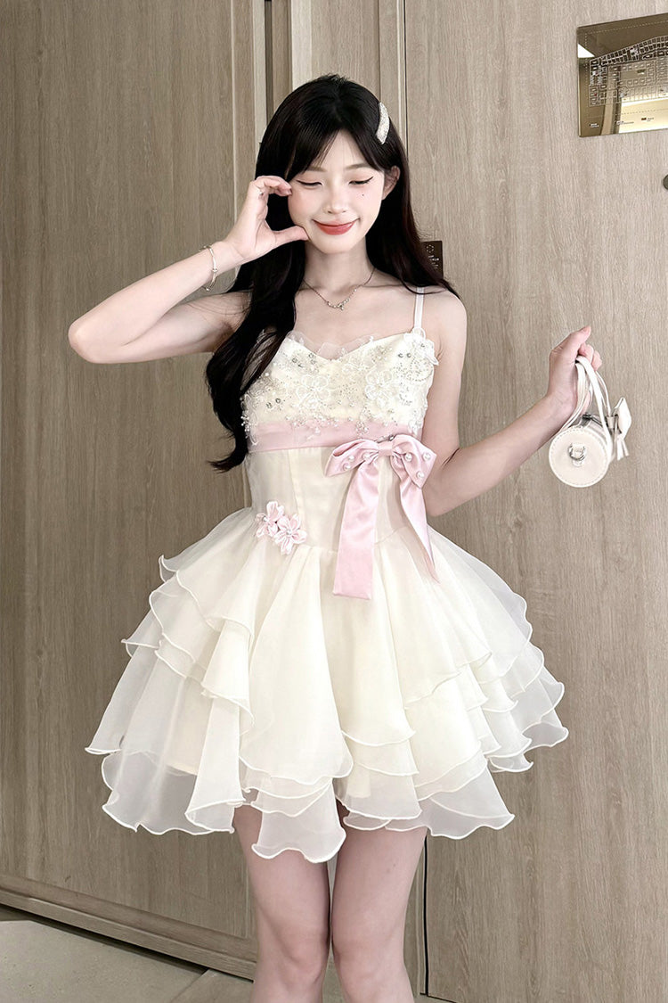 Ivory [Radiant Heiress] Sleeveless Multi-Layered Ruffled Embroidered Bow Pearl Detail Sweet Lolita Jsk Dress - Product - 3