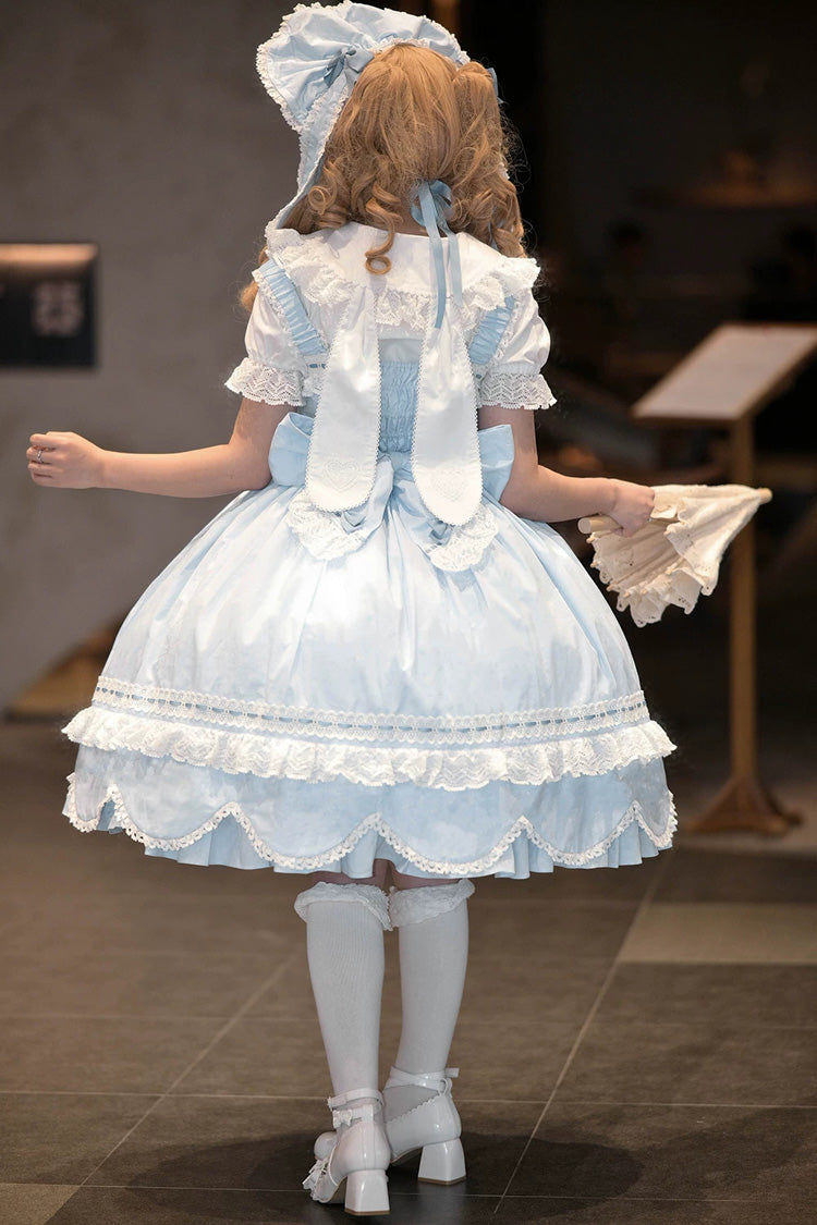 Blue [Petal Bunny] Cotton Sleeveless Ruffled Bow Lace Sweet Elegant Lolita Jsk Dress - Product - 15