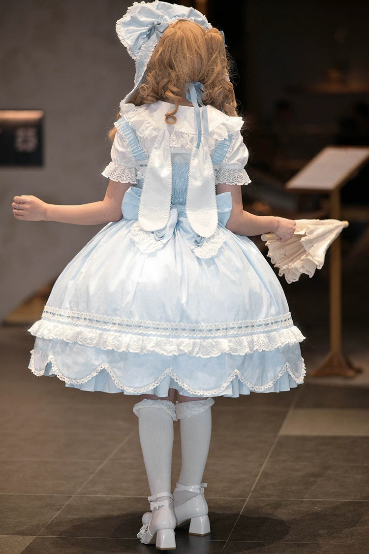 Blue [Petal Bunny] Cotton Sleeveless Ruffled Bow Lace Sweet Elegant Lolita Jsk Dress - Product - 15