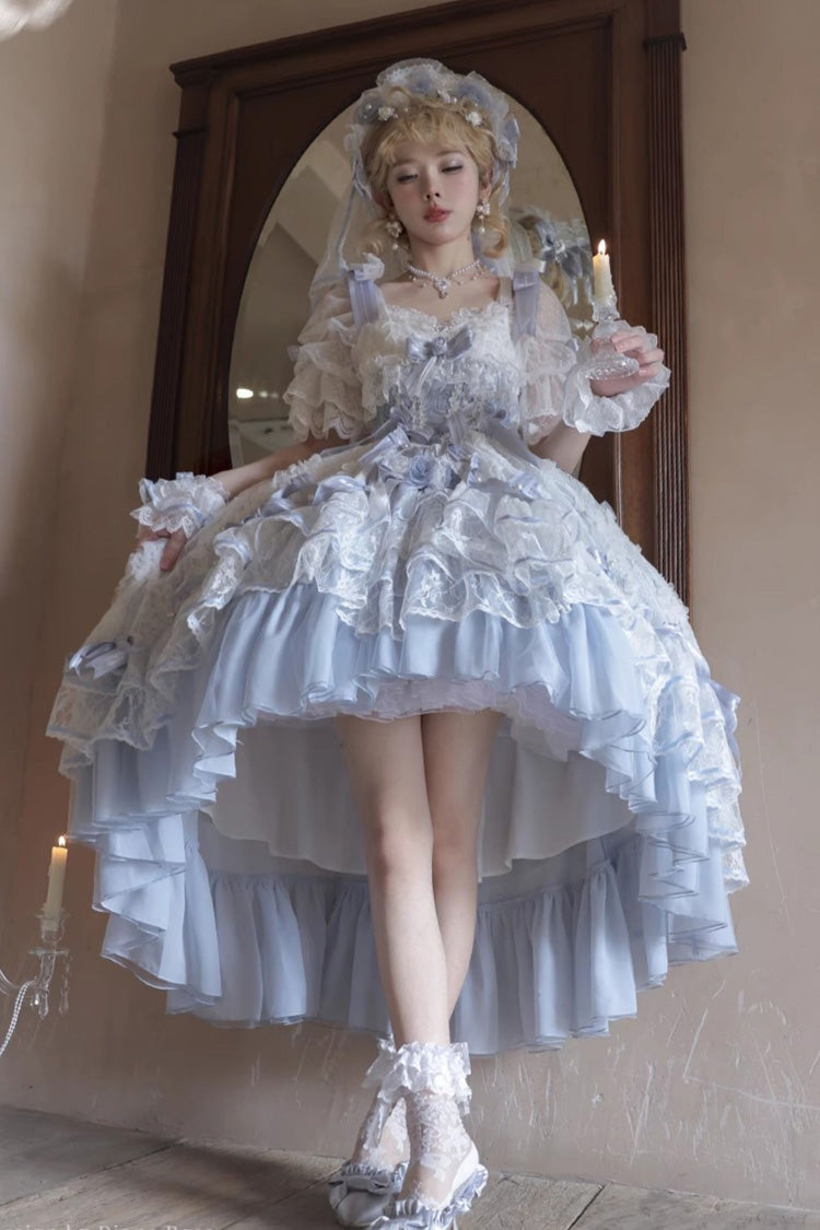 Blue [Diane Rose] Short Sleeves Multi-Layered Jacquard Ruffle Hanayome Cardigan Bowknot Lace Sweet Lolita Dress - Product - 4