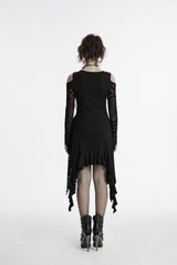 Black Off Shoulder Long Sleeves Spliced Irregular Mesh Pleated Eyelet Women's Gothic Witch Dress - Product - 4