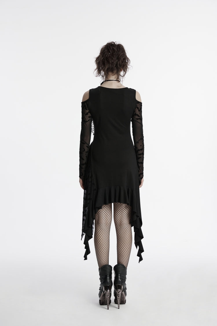 Black Off Shoulder Long Sleeves Spliced Irregular Mesh Pleated Eyelet Women's Gothic Witch Dress - Product - 4