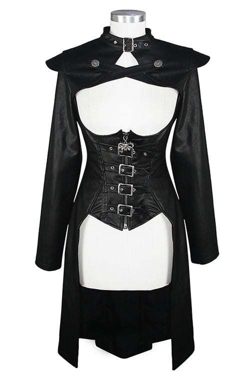 Black waisted short front and long back bare breast leather long womens Punk coat - Product - 4