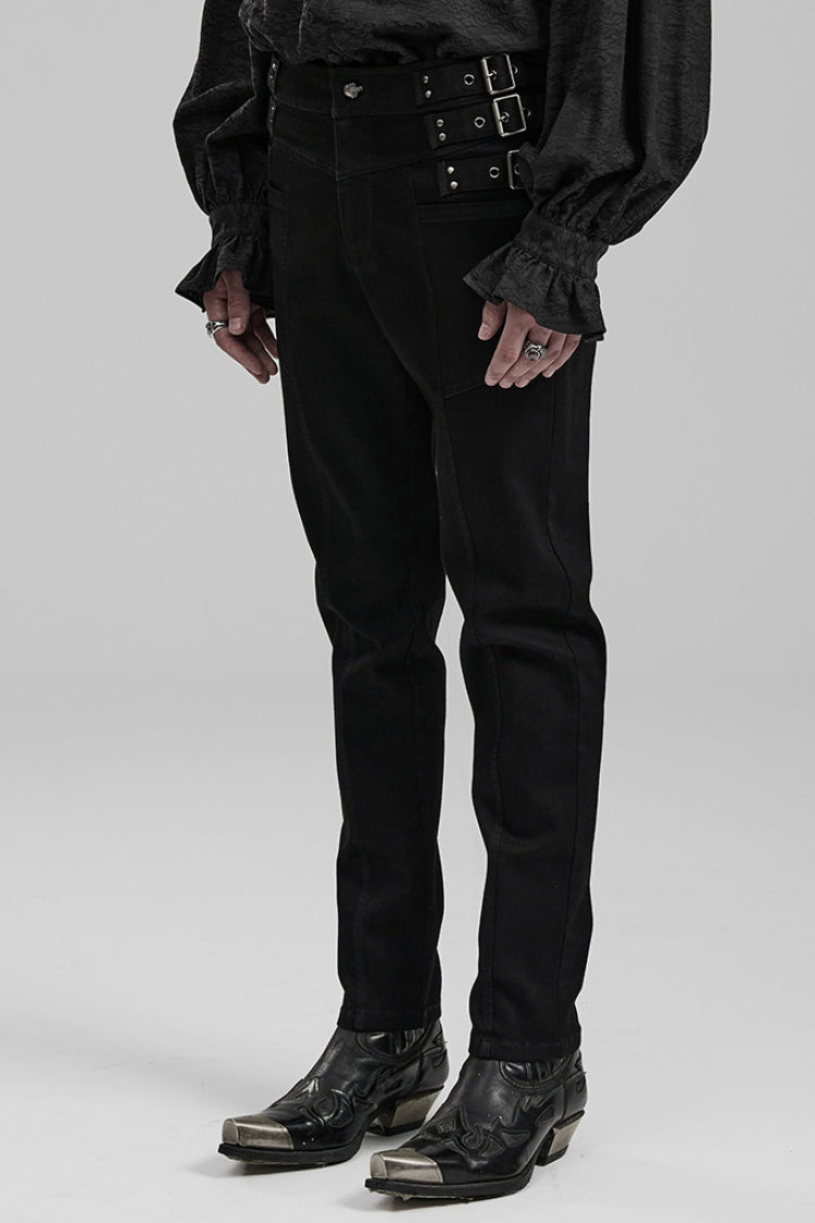 Black Slim Straps Symmetrical Men's Steampunk Straight Leg Pants - Product - 2