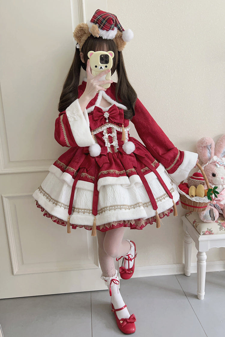 レッド [Snow Rabbit] 長袖 フリル リボン 重ね着風 スウィートロリータ ワンピース 商品画像