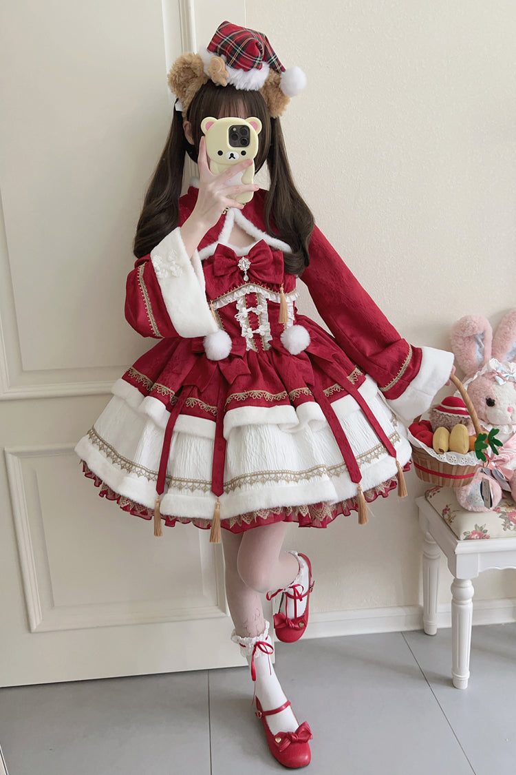 Red [Snow Rabbit] Long Sleeves Ruffle Bowknot Fake Two Pieces Sweet Lolita Dress - Product - 2