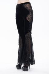 Black Translucent Velvet Jacquard Sexy Panel Lace-Up Plaid Flared Gothic Women's Pants - Product - 2