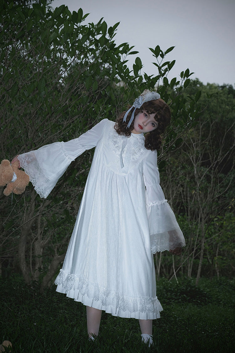 White [Requiem] Stand Collar Long Sleeves Ruffle Lace Gothic Lolita Dress - Product - 11