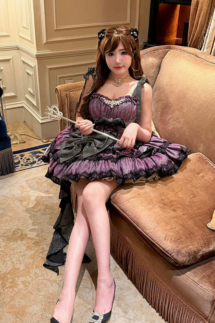 Purple [Galaxy of Fallen Tears] Sleeveless Glitter Series Triple-Layered Ruffled Bow Asymmetric Sweet Lolita Jsk Dress - Product - 8
