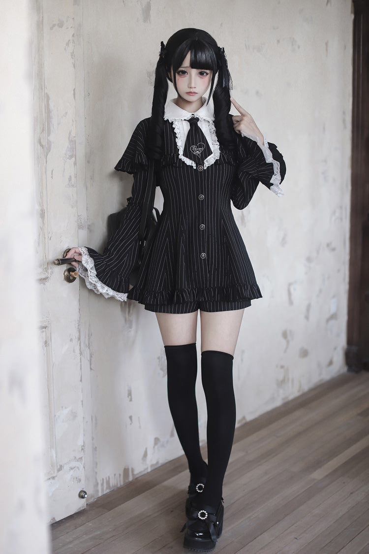 ブラック ラペルカラー ロング 姫袖 ストライプ プリント フリル 和風 ゴシック 地雷系 ワンピースセット 商品画像