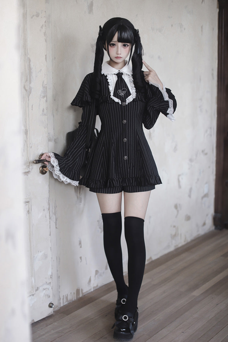 ブラック ラペルカラー ロング 姫袖 ストライプ プリント フリル 和風 ゴシック 地雷系 ワンピースセット 商品画像