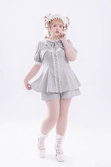 Grey Short Sleeves Ruffle Bowknot Fake Two Pieces Jirai Kei Japanese Dress Shorts - Product - 9