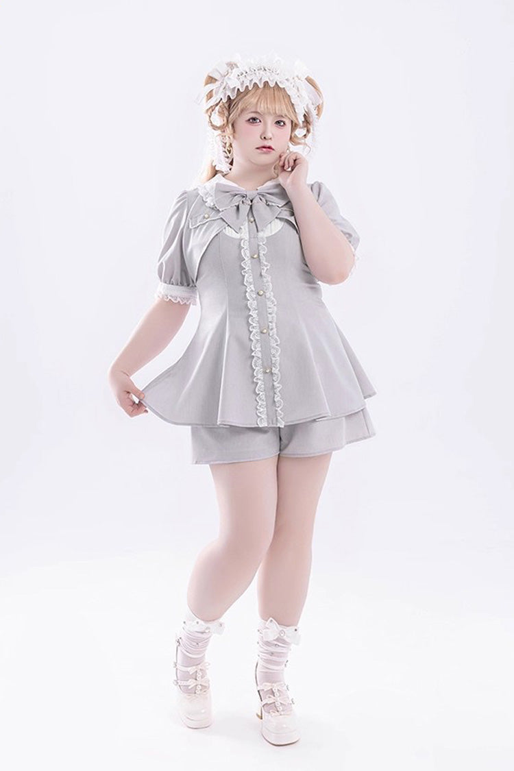 Grey Short Sleeves Ruffle Bowknot Fake Two Pieces Jirai Kei Japanese Dress Shorts - Product - 9