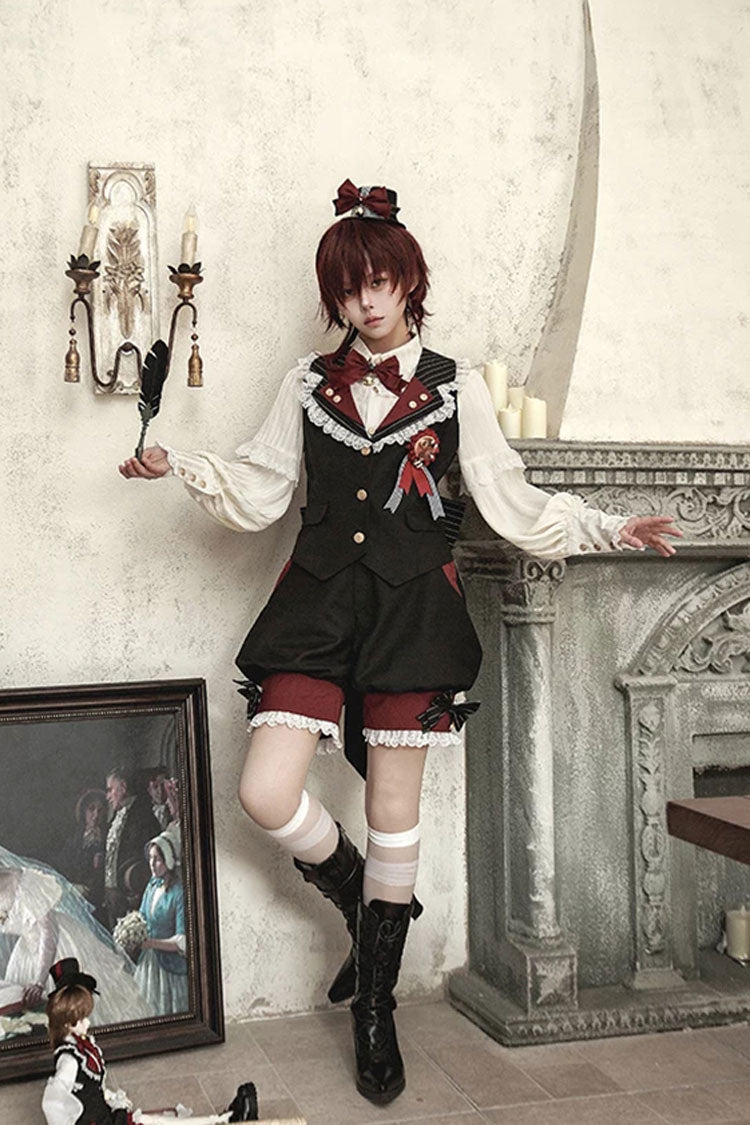 Red/Black [Candy Shop] V Collar Sleeveless Bow Lace Sweet Ouji Lolita Shorts Vest Set - Product - 2