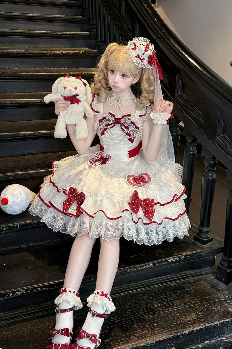 White [Polka-Dot Love Letter] Sleeveless Double-Layered Bowknot Lace Pearl Sweet Lolita Jsk Dress - Product - 7