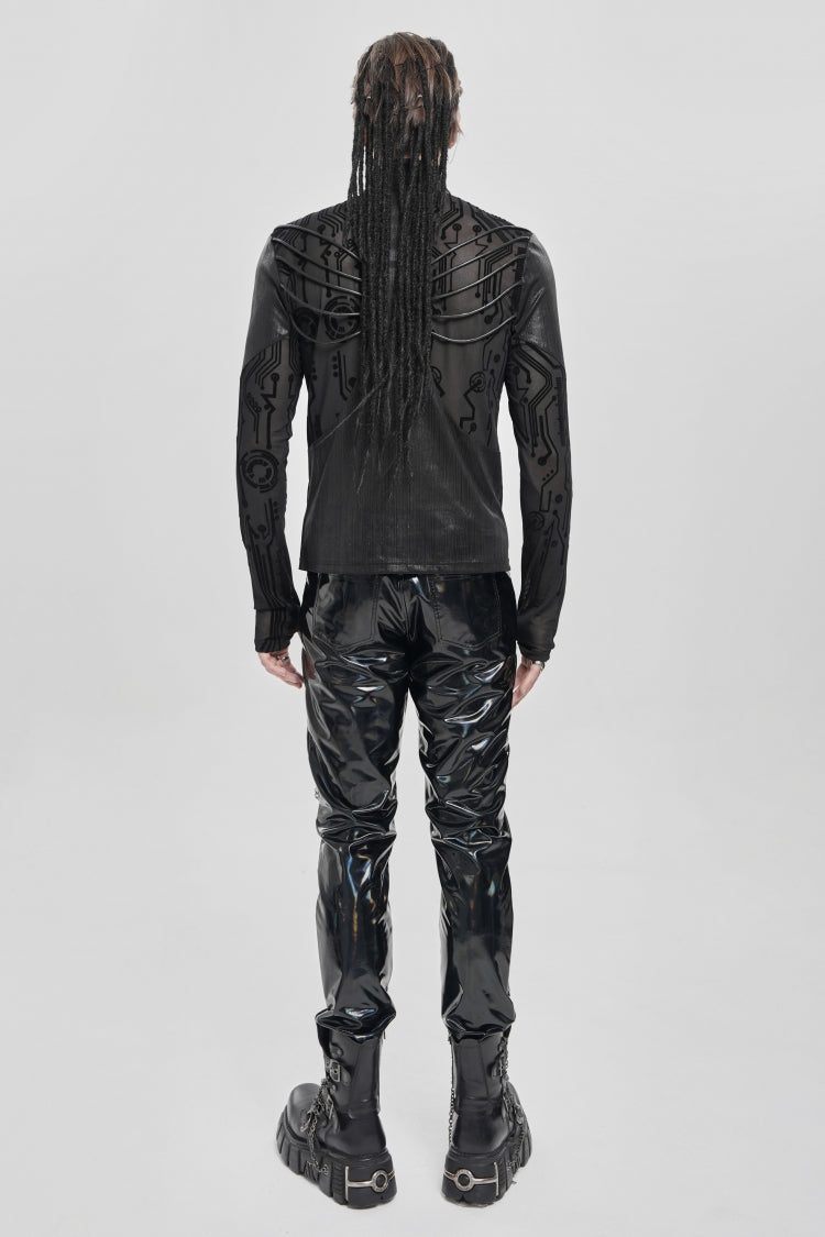 Black Long Sleeves Circuit Board Print Men's Punk Blouse - Product - 6
