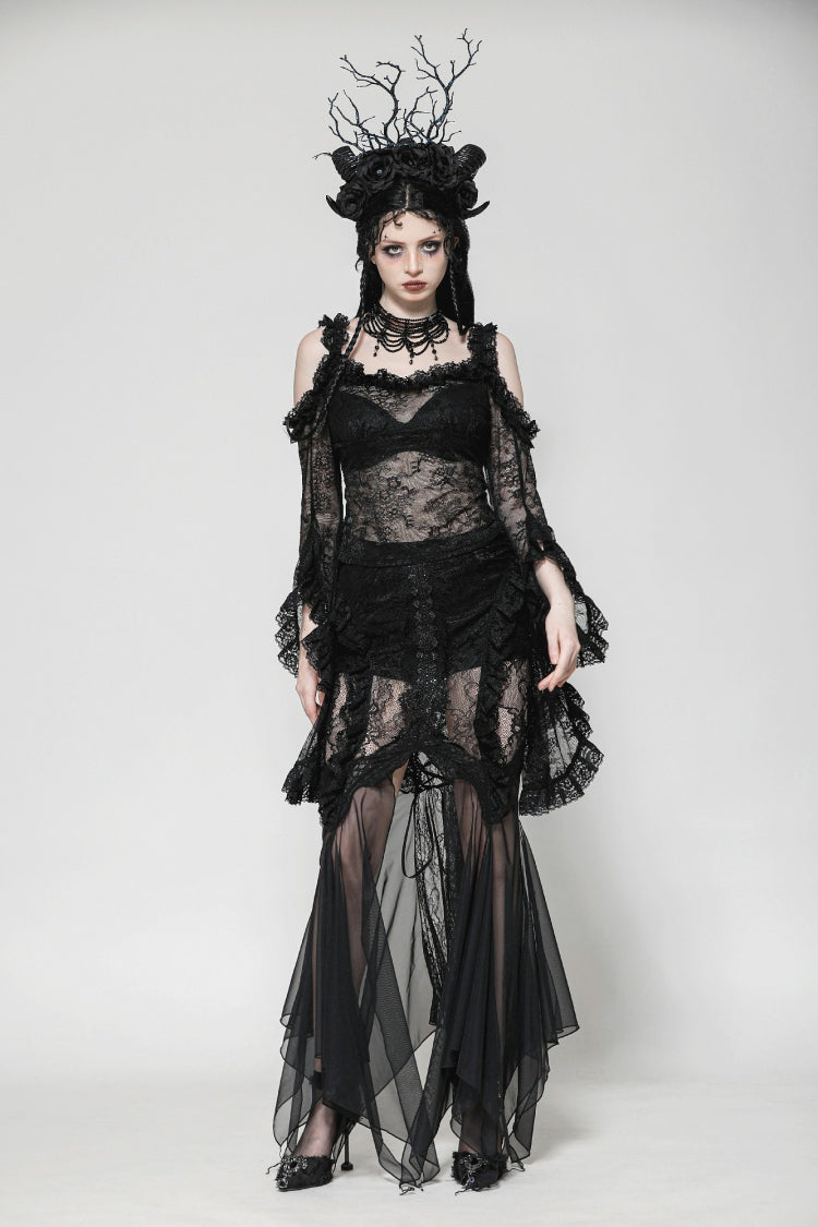 Black Off Shoulder Long Flare Sleeves Lace Women's Gothic Romantic Top - Black - 1