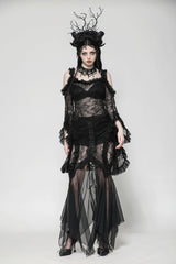 Black Off Shoulder Long Flare Sleeves Lace Women's Gothic Romantic Top - Black - 1