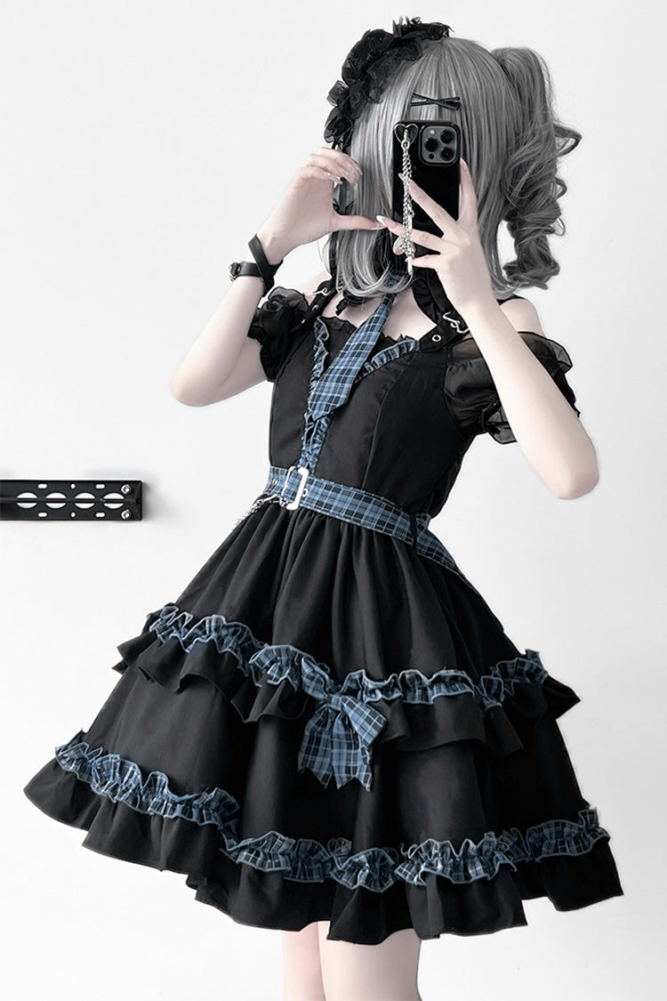 Black [Dark Night Starlight] Chain Ruffle Bowknot Lace Buckle Gothic College Style Lolita Dress Set - Product - 3