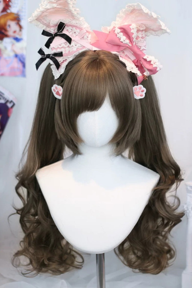 Ash Brown Side-Swept Bangs Sweet Lolita Twin Pigtails Wig Set - Product - 4