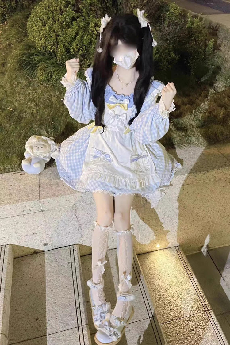 Blue Plaid Print Long Sleeves Bowknot Lace Sweet Lolita Dress - Product - 9